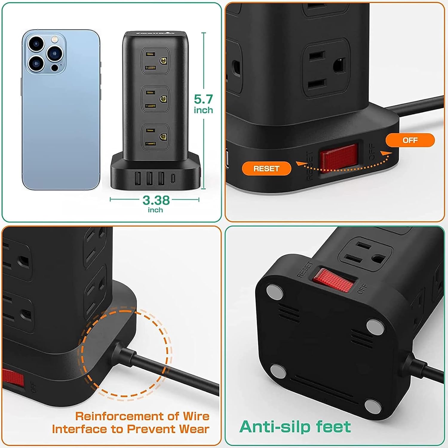 Extension Cord with Multiple Outlets, Surge Protector Power Strip Tower, 12 AC 4 USB,Surge Protector Tower 6.5FT Overload Protection for Home Office - Image 5